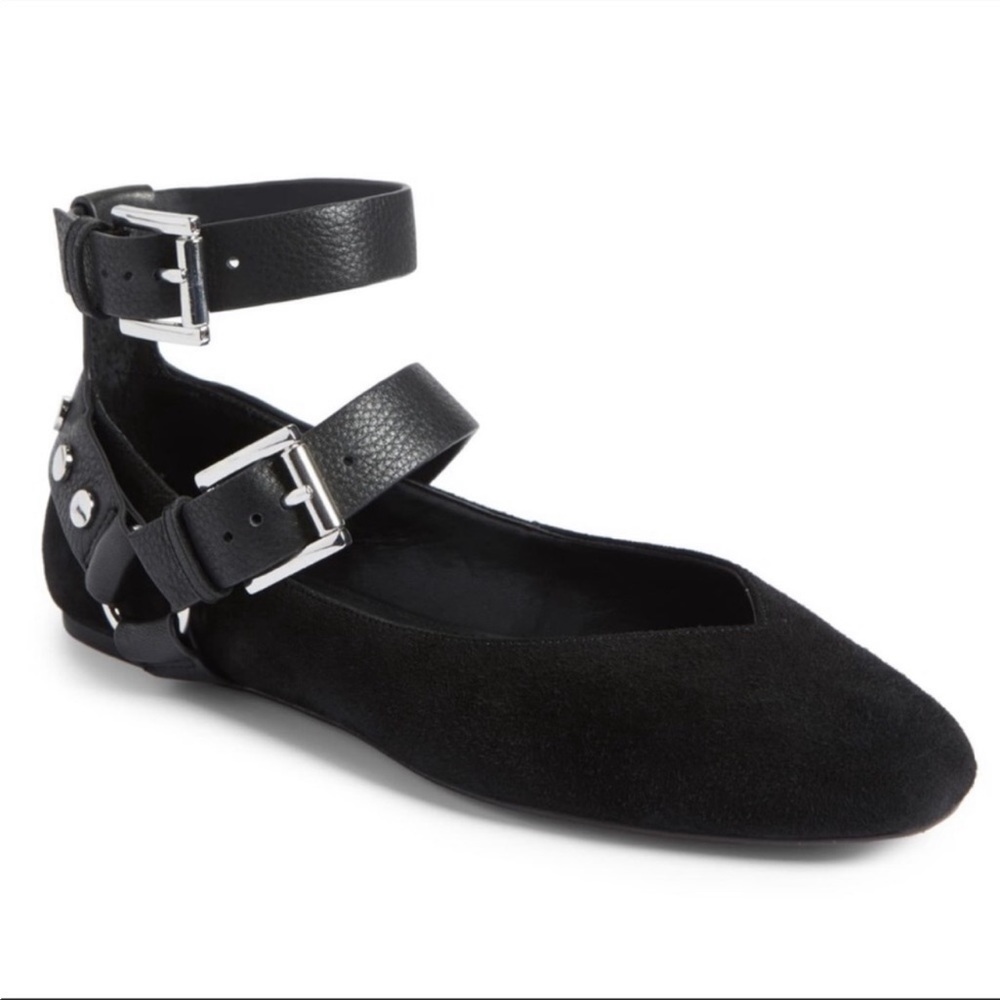 Rebecca Minkoff Harness Buckle Ballet Flats Size 7M Suede Leather Black Studded
